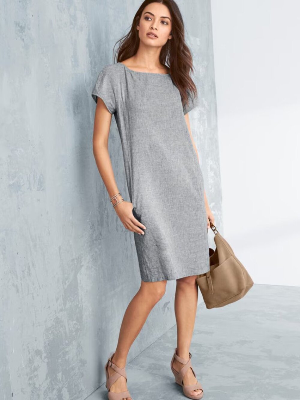 EILEEN FISHER Blue Puckered 100% Organic Linen Jewel Neck Cocoon Dress, Size M